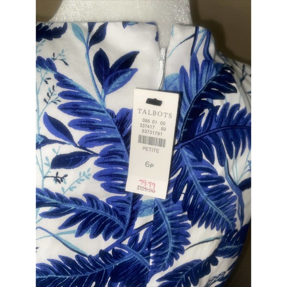 TALBOTS $129 Blue White Cotton Fern Flounce Lined Shift Dress Size 6 Petite - Picture 4 of 5